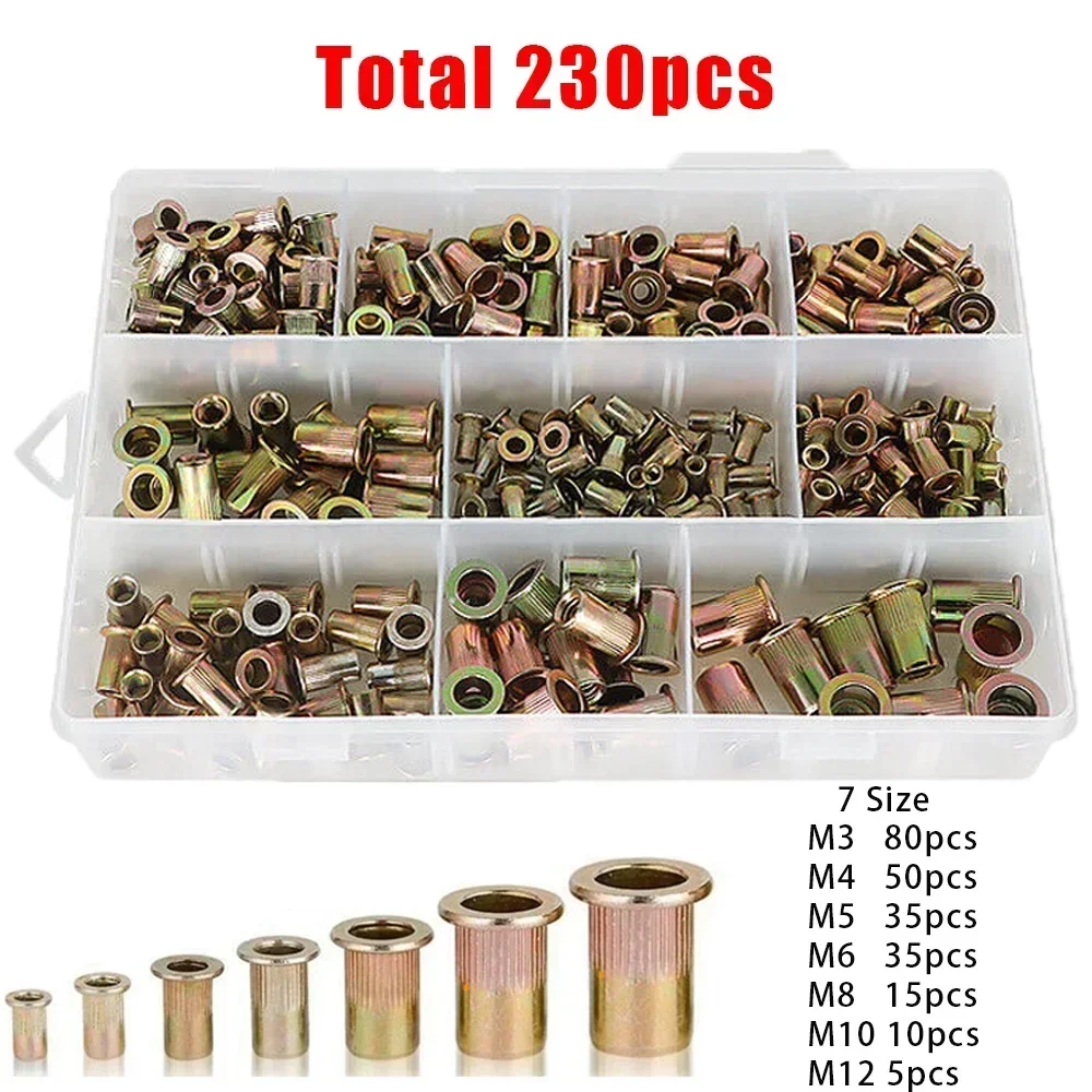 230 шт. M3 M4 M5 M6 M8 M10 M12 Оцинкованная углеродистая сталь Жалюзи с плоской головкой Резьбовая заклепка Гайка Заклепка Вставка Nutsert Наборы гаек с накаткой