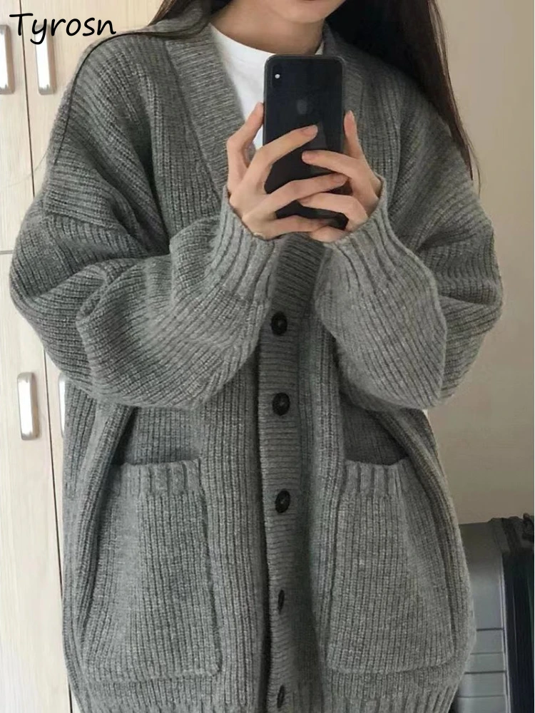 

Autumn Winter Cardigan Women Loose V-neck Knitted Vintage Slouchy Female Chic All-match Coats Students Preppy Ulzzang Warm Mujer