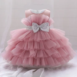 Toddler Fluffy Pink Wedding Party Dresses for Baby 2-8 Yrs Sequin Bow Tulle Baptism Birthday Princess Clothe Lace Summer Dresses