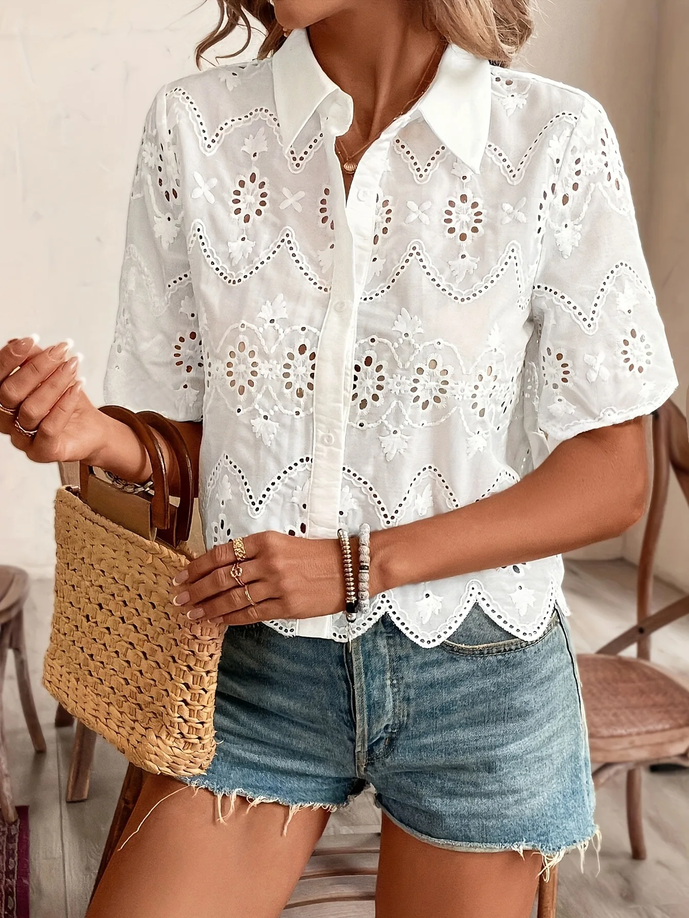 

Women's Eyelet Button Down Blouse Collared Neck Short Sleeve Scalloped Hem Floral Cutout Shirt Casual Boho & Summer Outfit