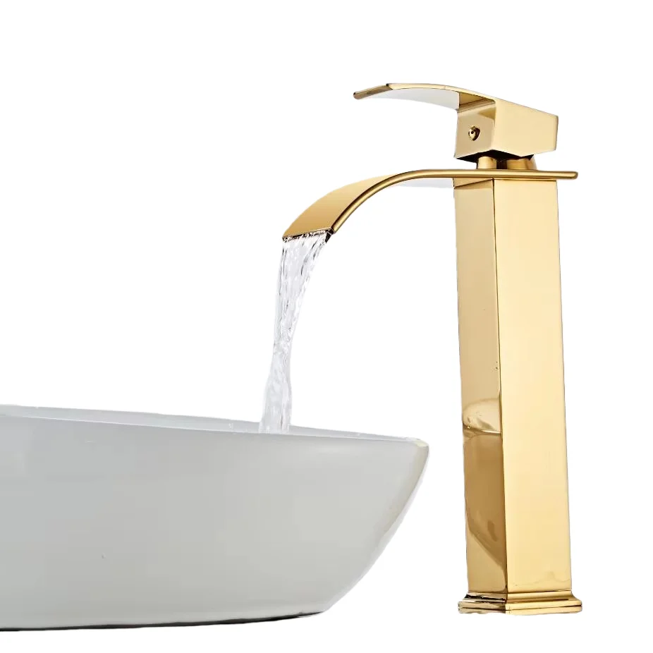 Tuqiu Tall Basin Faucet Gold Waterfall Faucet Brass Bathroom Faucet Bathroom Basin Faucet Mixer Tap Hot and Cold Sink Faucet