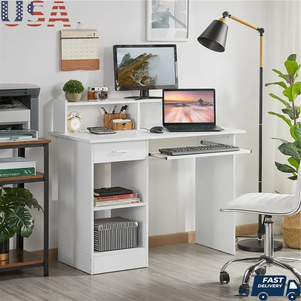 

Compact Wooden Computer Desk with Drawers Keyboard Tray Adjustable Shelves Home Office Furniture Water Resistant Scratch