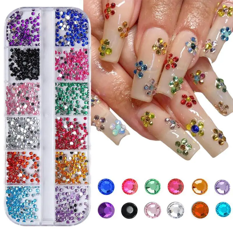 Fade Resistant 2mm Flatback Nail Rhinestones 12 Grids Multicolor Crystal Gems Bulk for Long Lasting Nail Art