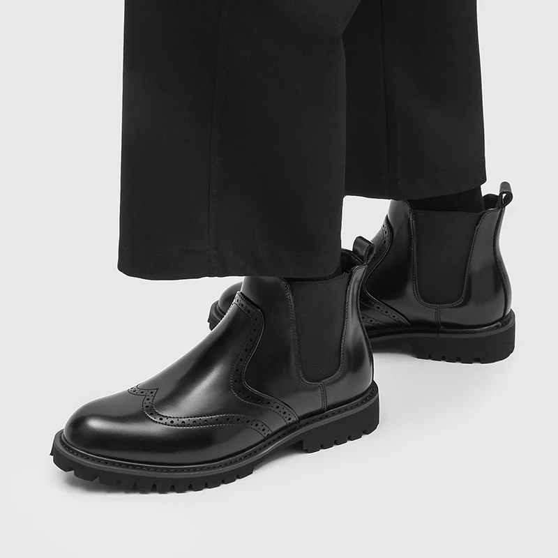 mens fashion wedding party chelsea boots black trendy carved brogue shoes cowboy natural leather boot platform ankle botas male