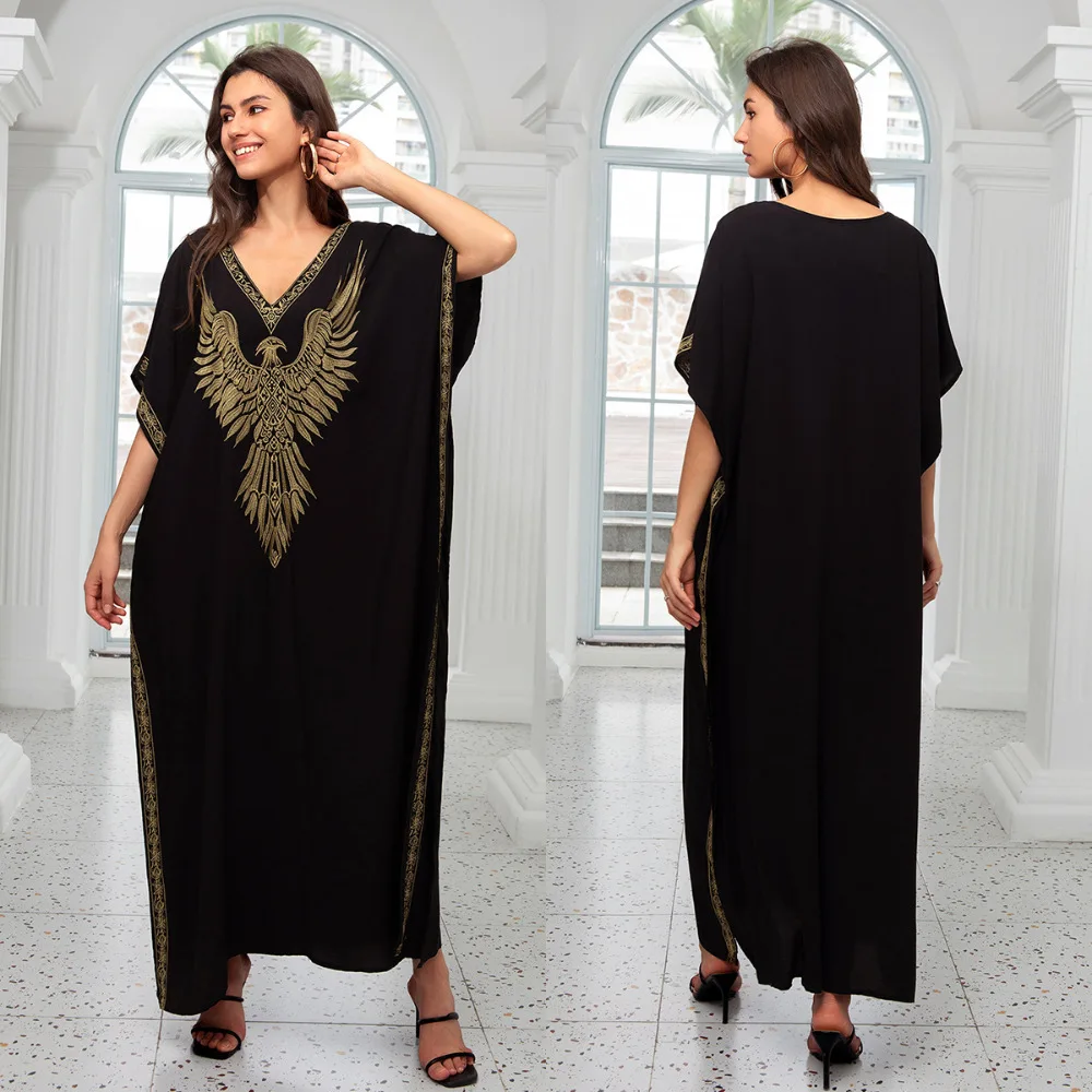

Loose Black Cotton Eagle Embroidered Beach Dress Long Robe De Plage Vacation Swimsuit Bikini Cover-Up Beachwear