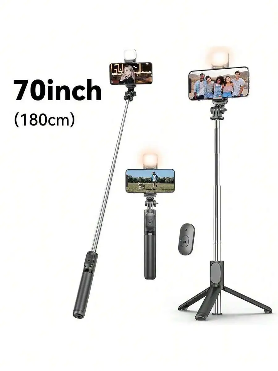 

70'' Extendable Selfie Stick Tripod With Wireless Remote & Light – Portable Phone Stand For Smartphones And Cell Phones