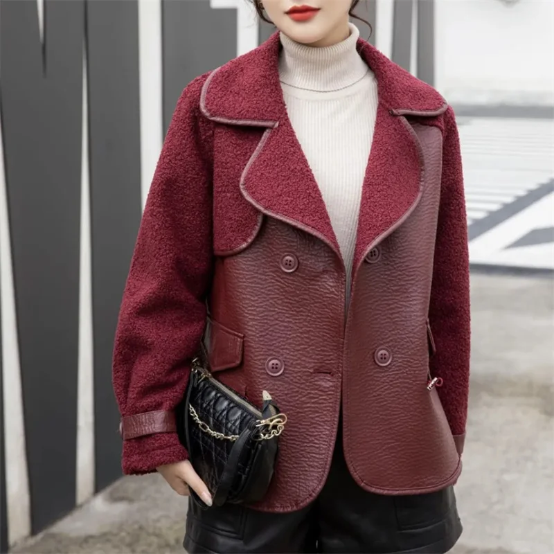 Abrigo corto de cuero para mujer, chaqueta holgada de terciopelo integrado de piel por ambos lados, talla grande, Otoño e Invierno