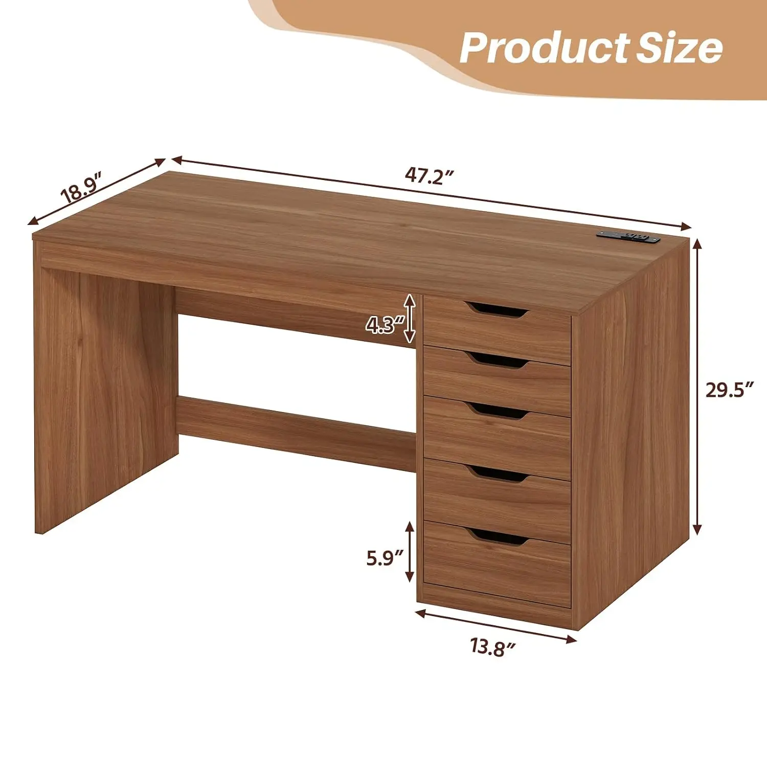 Computer Desk 5 Drawers & Power Outlets Small Space  Storage File Cabinet Charging Station Laptop Writing Table, Customized