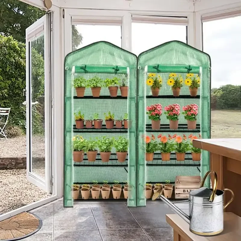4 Layers Black Iron Pipe Mini Flower Stand 69x49x160cm for Greenhouse Grid Zipper Rolling Door PE Cloth Garden Greenhouse