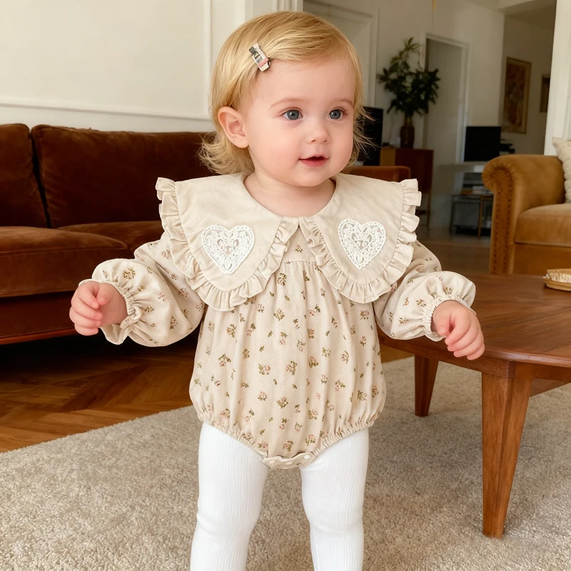 2026 New Spring 0-24M Infant Baby Girl Heart Bodysuits Long Sleeved Cotton Print Newborn Baby Girl Jumpsuit Baby Girl Clothing