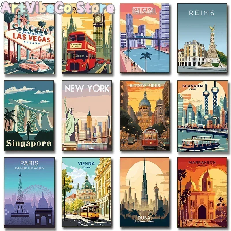 Retro Vibrant Cityscape Street Scene Posters London Double Decker Bus Prints Canvas Painting Wall Art Pictures Home Room Deco