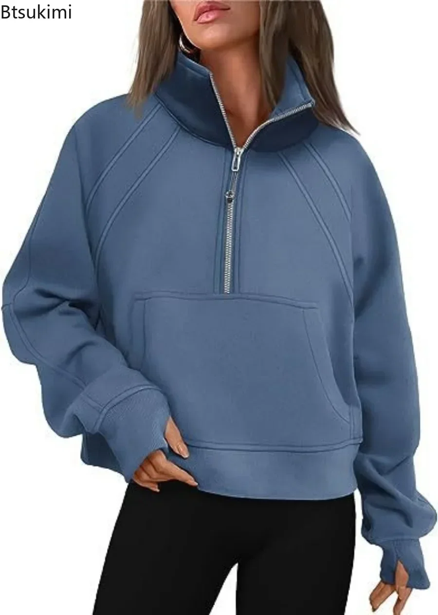 2025, Damen-Pullover mit halbem Reißverschluss, kurzem Stehkragen, Plüschpullover, solide Herbst-Kapuzenpullover, Übergröße, Street-Sweatshirt,