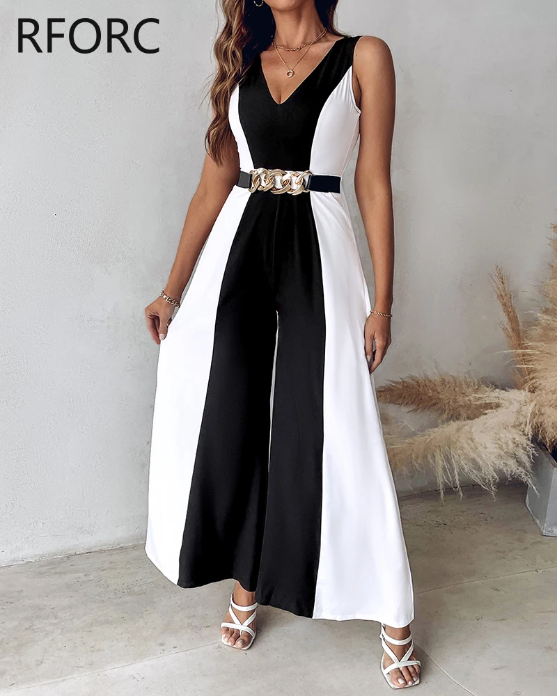 2024 Women V Neck Patchwork Sleeveless Wide Leg Working Formal Jumpsuits