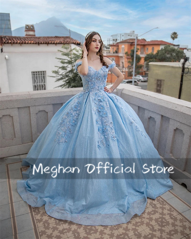 

Mexico Blue Off Shoulder Quinceanera Dresses Ball Gown 3D Flower Graduation Dress Beads Appliques Birthday Party Gown Customized