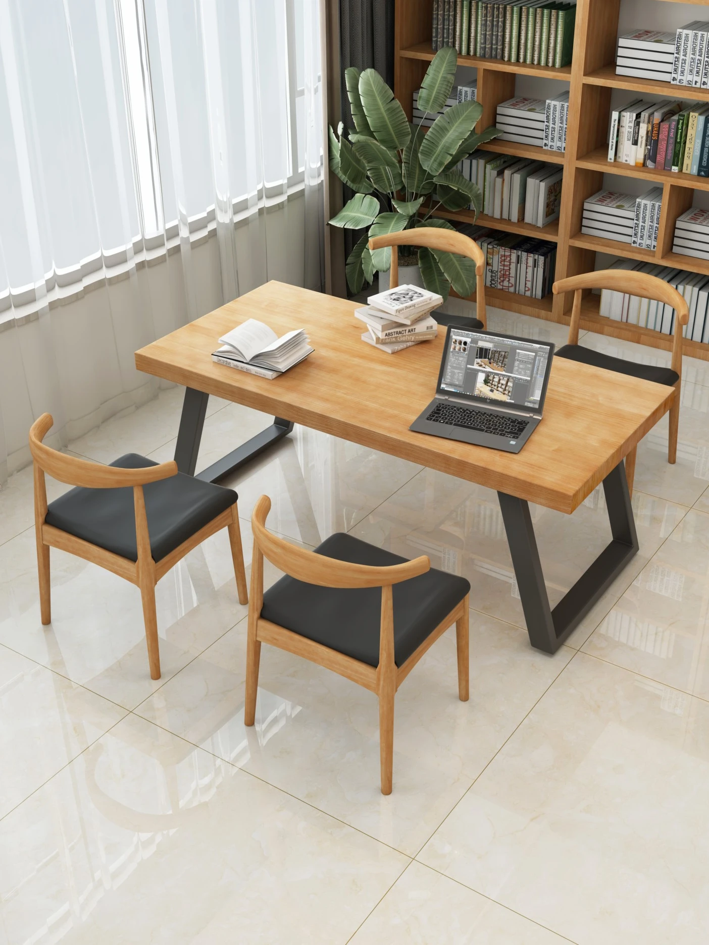 

Wrought iron solid wood training table, bench, bench, table and chair combination, simple modern library, desk, desk 1037