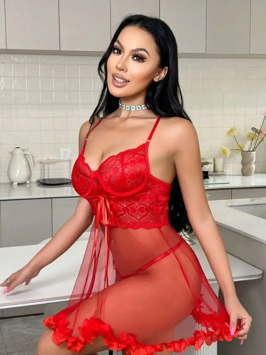 섹시한 드레스 스트랩 나이트 드레스 홈 세트 레이스 트림 브이넥 시어 투명 백리스 딥 브이 서스펜더 민소매 드레스 우아한 UJW4