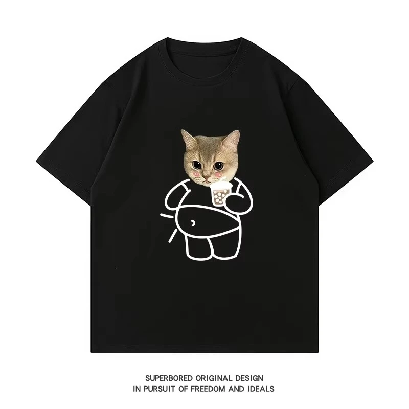 

【Чай с молоком Cat Drinking 】 Новая летняя забавная футболка с короткими рукавами и принтом 2025 года, свободная хлопковая футболка с круглым вырезом и половиной рукава