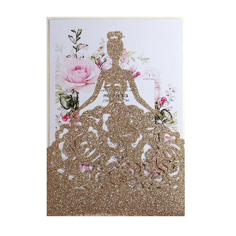 50Pcs Laser Cut Eleganckie róże panny młodej Zaproszenie ślubne Okładka na kartę Papierowe brokatowe karty Dekoracje urodzinowe Faworyci