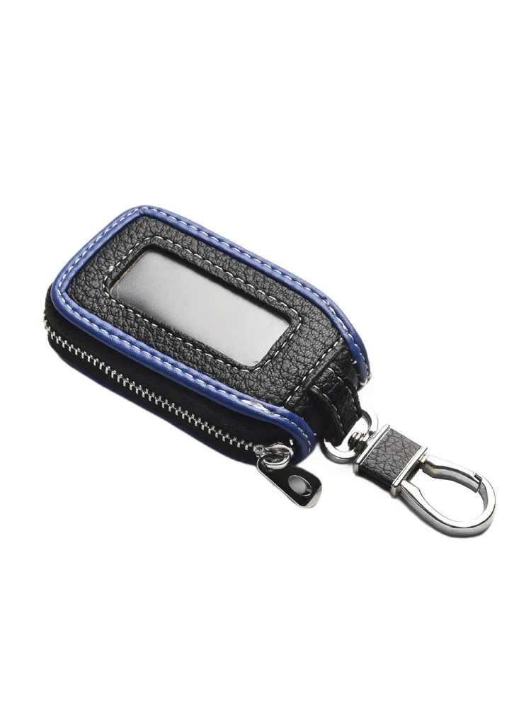 Anti-Scratch Key Case Black+Blue Cover Fob Hanging Keychain Protector Remote Zipper Accessories Leather 13.5*5cm