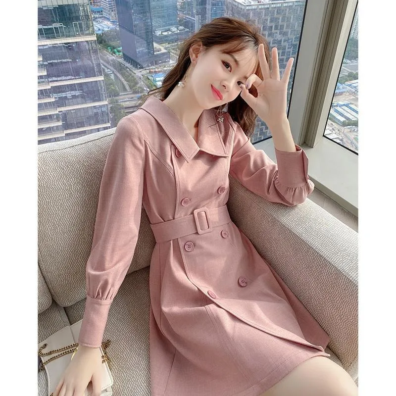 Autumn Winter Pink Lapel Suit Dresses 2024 New Femininity Long Sleeve Skirt Muse Fan Women's Clothing Summer Dress for Women