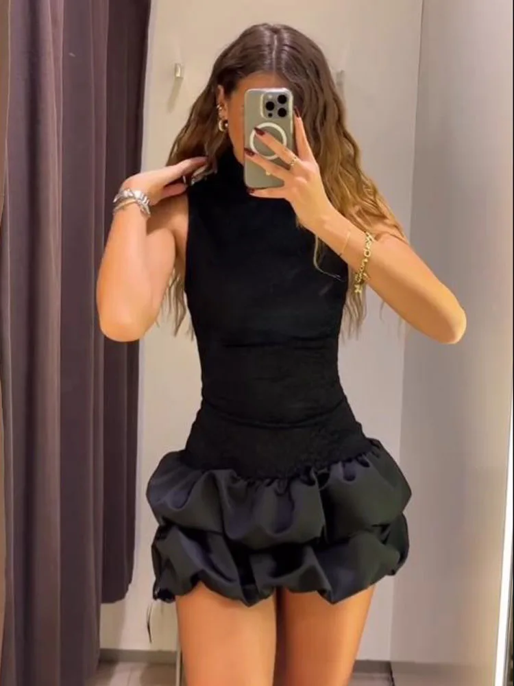 HH レディース 冬服 スタンドカラー スプライス ​ ​ レースショートドレス 女性らしい気質 多用途 スリム ジッパー ノースリーブ ブラックドレス