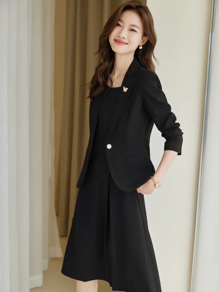 

Элегантный повседневный женский костюм-двойка: высококачественный корейский стиль, длинный рукав, деловой, модный, из полиэстера, однотонный