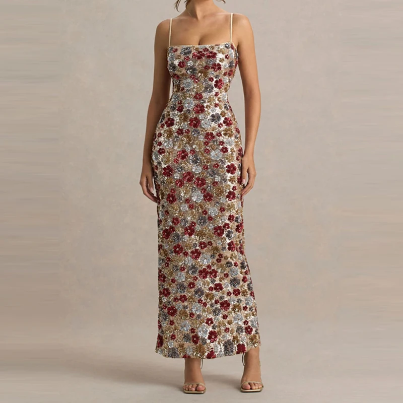 Robe de soirée élégante à paillettes, Slim, à bretelles, Sexy, sans manches, épaules dénudées, mode, taille haute, fendue, longue