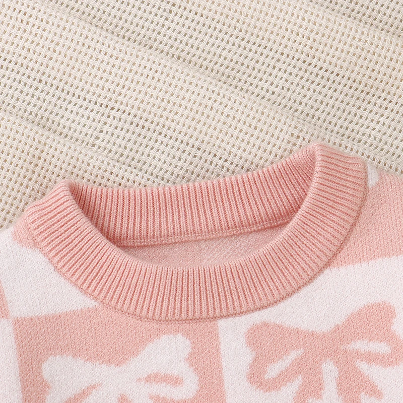 2024-07-03 Lioraitiin Toddler Girls Sweater Bowknot Print Contrast Color Crew Neck Long Sleeve Baby Pullovers Fall Clothes Tops