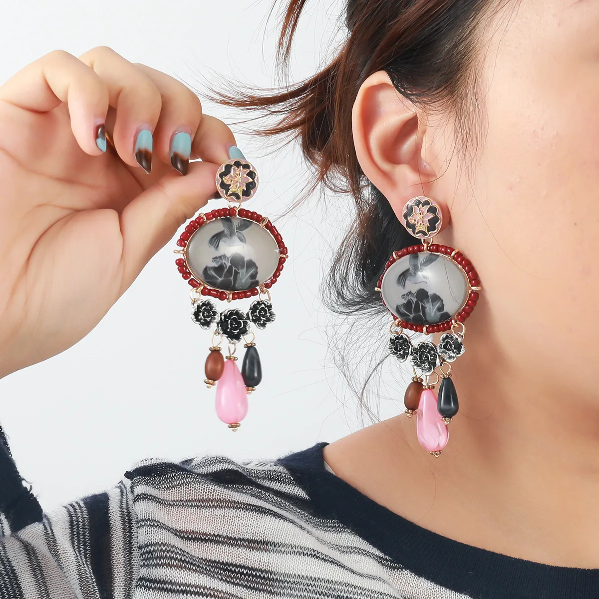 

Autumn bird print alloy floral multi-layer water droplet pendant earrings Bohemian style