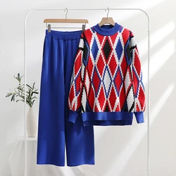 Autumn Winter Warm Knitted two piece set for women Colorful Geometric O-neck Loose Pullovers Sweater Top  +Pants Sets Tracksuit