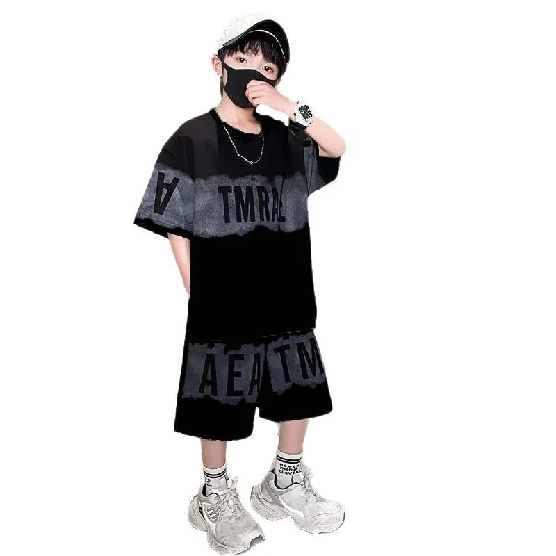 2026 Summer Teens Boys Clothes Set Outfit Kid Gradient Black Tracksuit Child T-Shirt Top + Letters Shorts Pant 4 8 10 12 14 Year