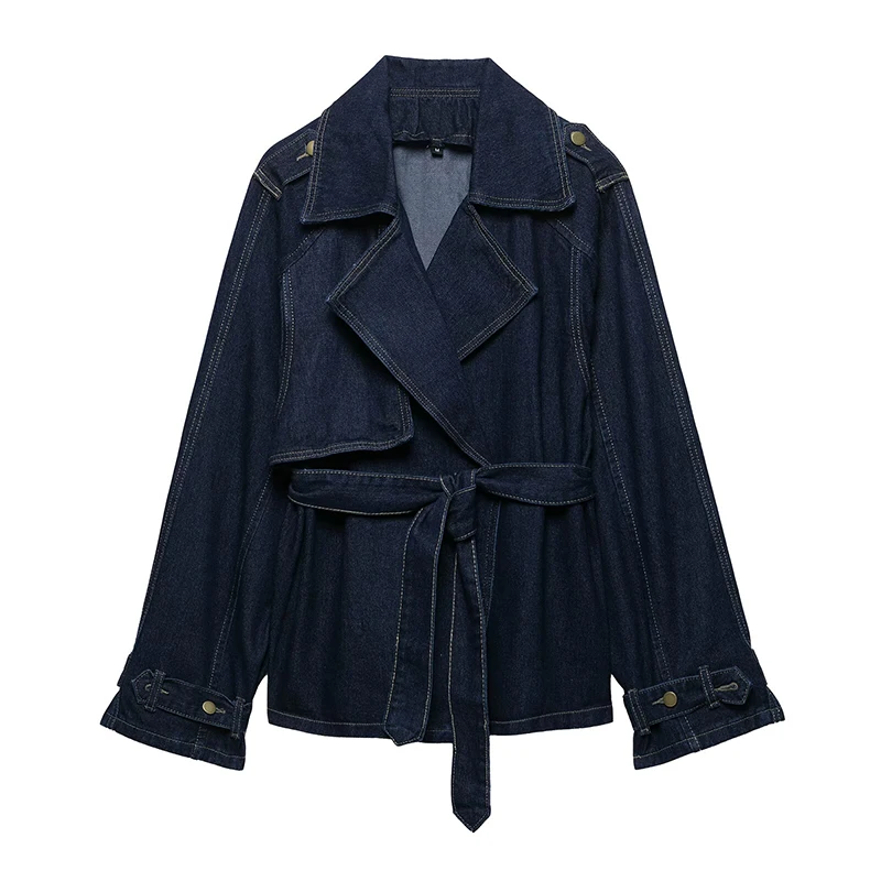 

Autumn New Women Fashion Belt Denim Blue Jackets Vintage Lapel Neck Long Sleeves Lady Chic Tops