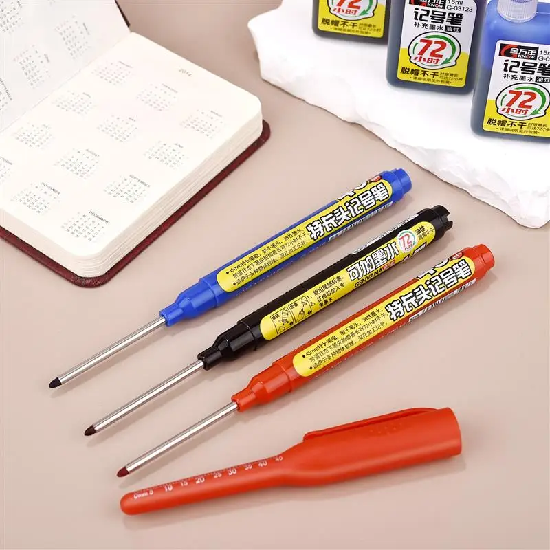 45mm Waterproof Deep Hole Marker Pens Long Nib Head Carpenter Pen Black/Blue/Red Ink For Multi-Purpose Woodworking Hand Tools