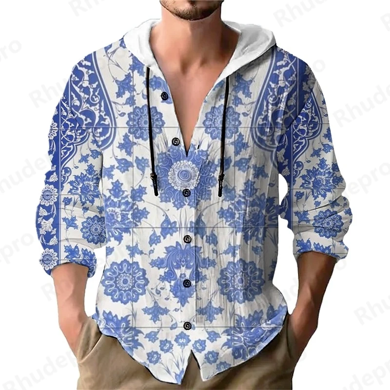 

Мужская повседневная хлопково-льняная рубашка с капюшоном в национальном стиле 2025 года, дышащая свободная одежда для четырех сезонов в американском стиле