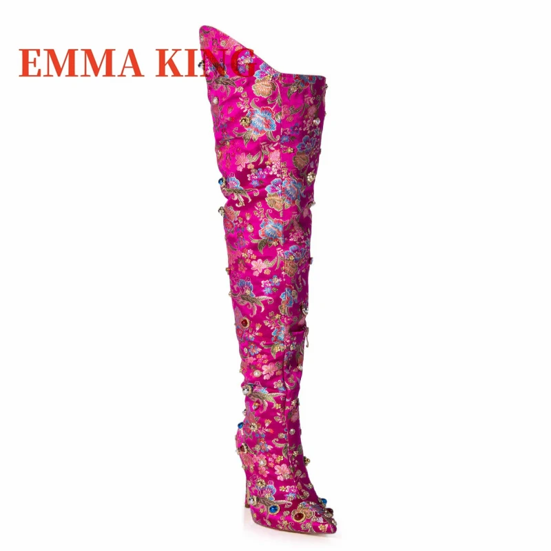 الأزهار التطريز فوق الركبة الأحذية مثير الإناث الخريف أشار تو الفخذ أحذية عالية الأحجار الكريمة التفاصيل أحذية الحفلات للمرأة #3