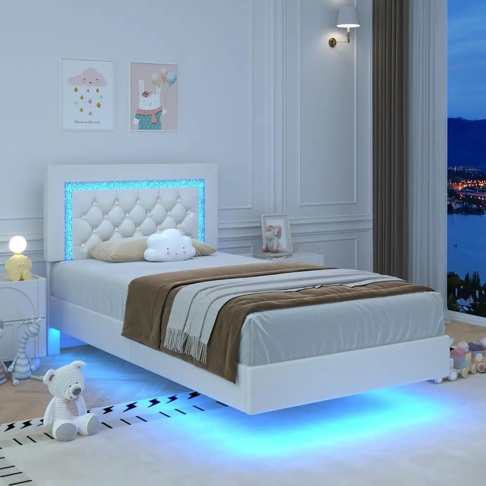

Мягкая кровать-платформа Twin с LED-подсветкой, с ромбовидной стежкой, не требует пружинного блока, бесшумная, простая сборка, белая