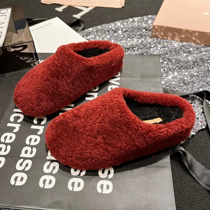 

Fur Flats Cotton Slippers Women Fashion Mules Shoes 2025 Winter Short Plush Snow Boots Home Casual New Brand Dress Mujer Botas