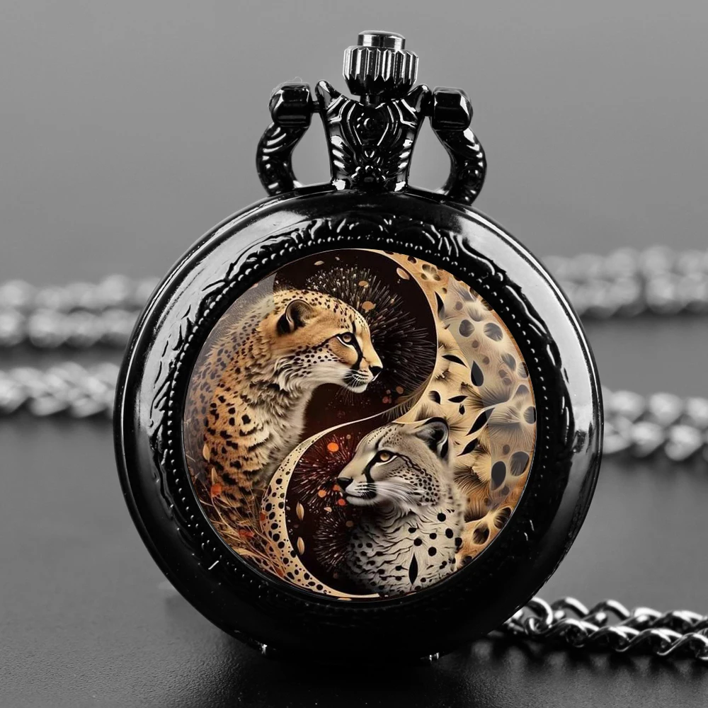 Yin-Yang Set regalo orologio da tasca al quarzo nero con Design leopardato con catena durevole e quadrante con numeri arabi regalo senza tempo per ragazzo