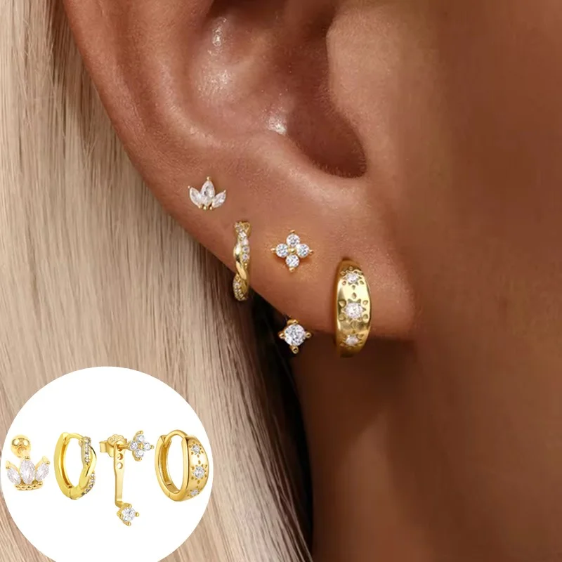 Ensemble de boucles d'oreilles Huggie en acier inoxydable et zircone pour femmes, 4 pièces, pendentif curieux, fleur, clou d'oreille, Piercing, bijoux
