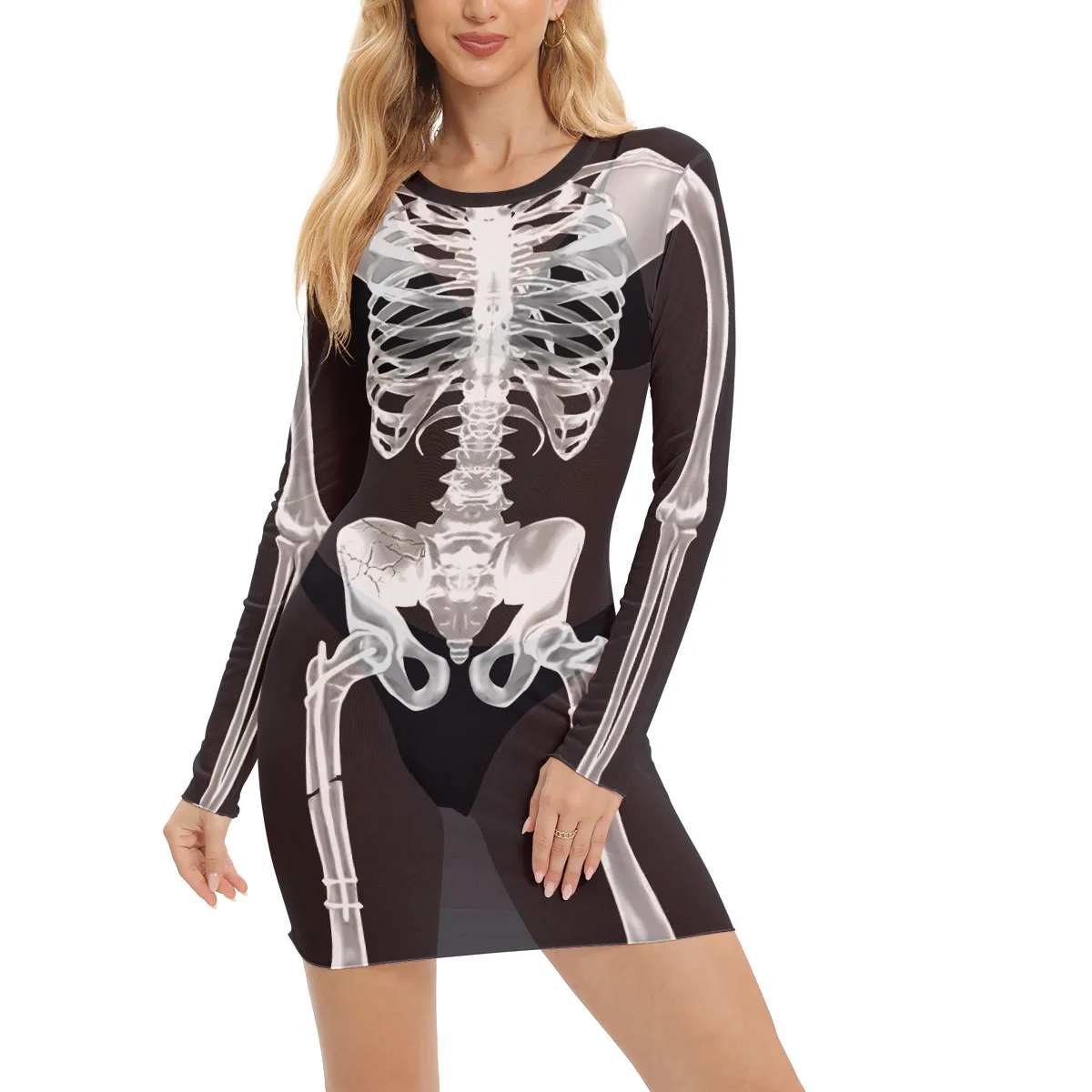 Festival Skeleton Mini Dress Women Sexy Black Mesh Dress Halloween Cosplay Gown Ghost Outfit Carnival Party Gothic Dress Up