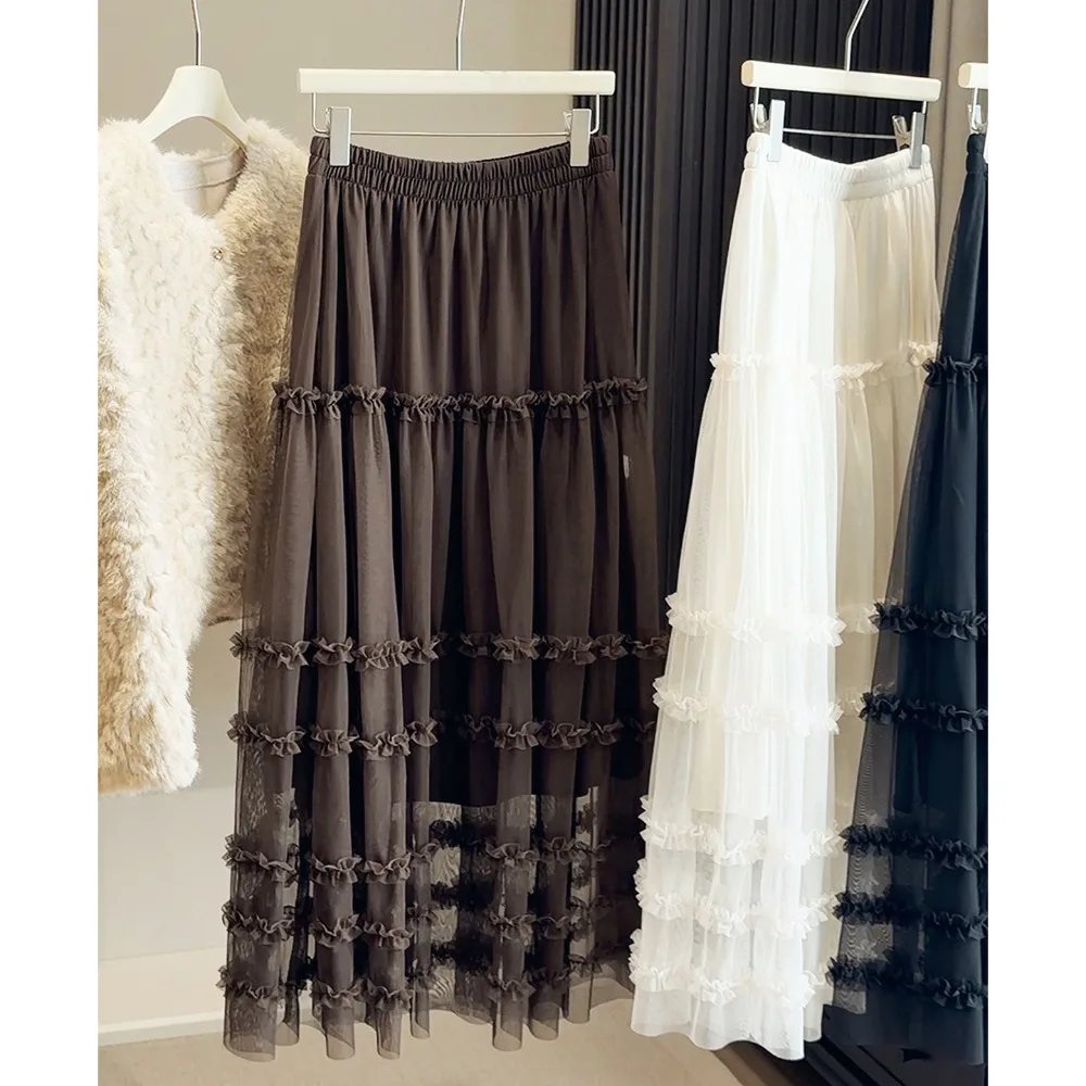 

French Woolen Plus Velvet Mesh Lace Layers Tierred Cake Skirt Women'S 2026 Autumn Winter High Waist A-Line Skirt Fairy Sweet