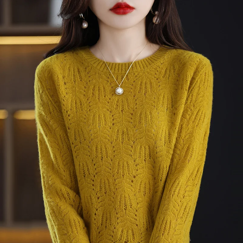 Spring/Autumn New Fashion Crocheted Hollow Top Women\'s Pure Wool Knitted Sweater Round Neck Loose Phoenix Flower Knit Pullover