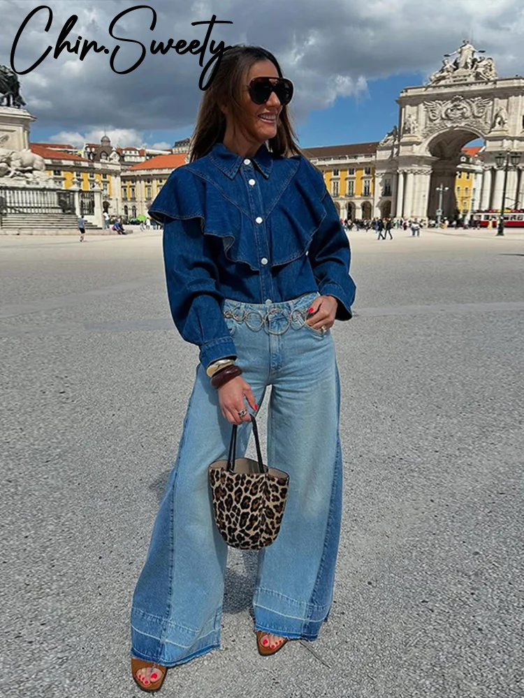 Modna, marszczona koszula dżinsowa damska z klapką i kołnierzykiem metalowy pojedynczy piersi z długim rękawem top na co dzień 2025 letni strój biurowy damski