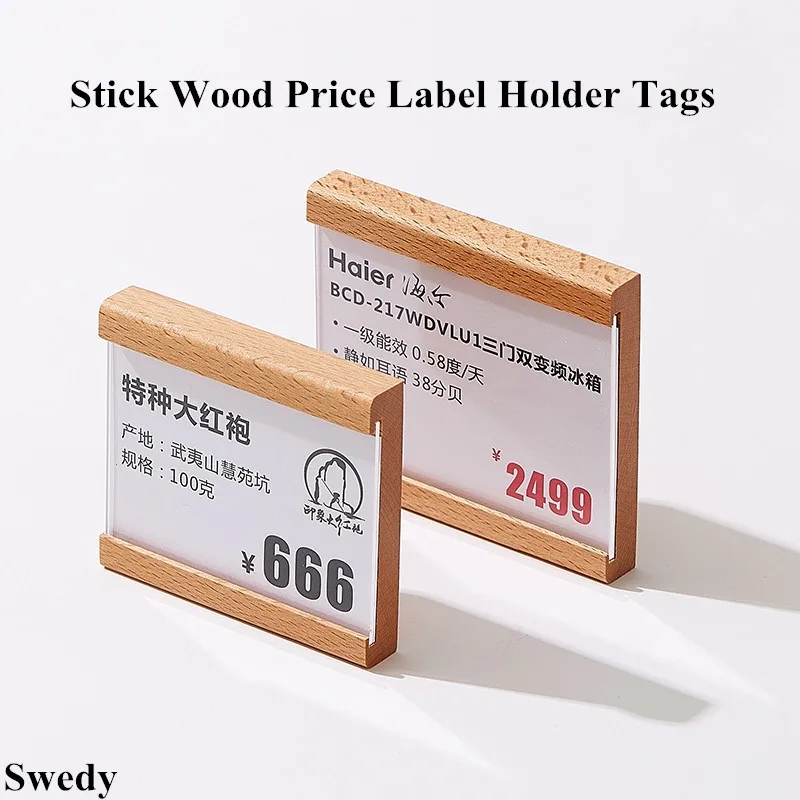 80x65mm Wood Shelf Price Label Card Holder Tags Photo Picture Paper Frame Stick Wall Mount Wood Sign Holder Ticket Holder Board