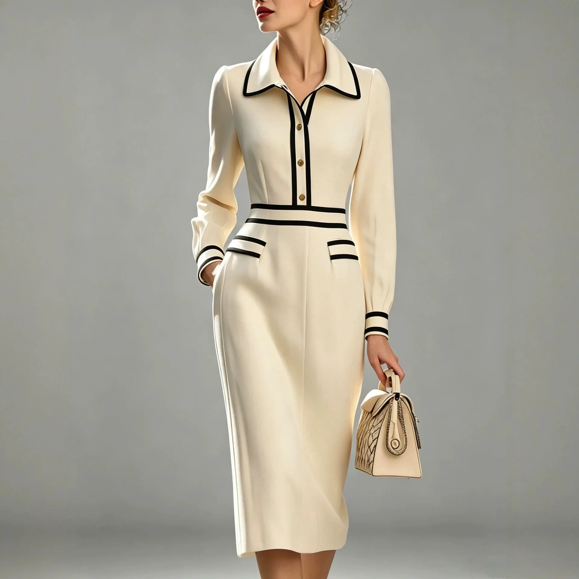 Spring Autumn New Elegant Lapel Midi Dress Women Long Sleeve High Waist Slim Pencil Dress Office Business Formal Work Dress 