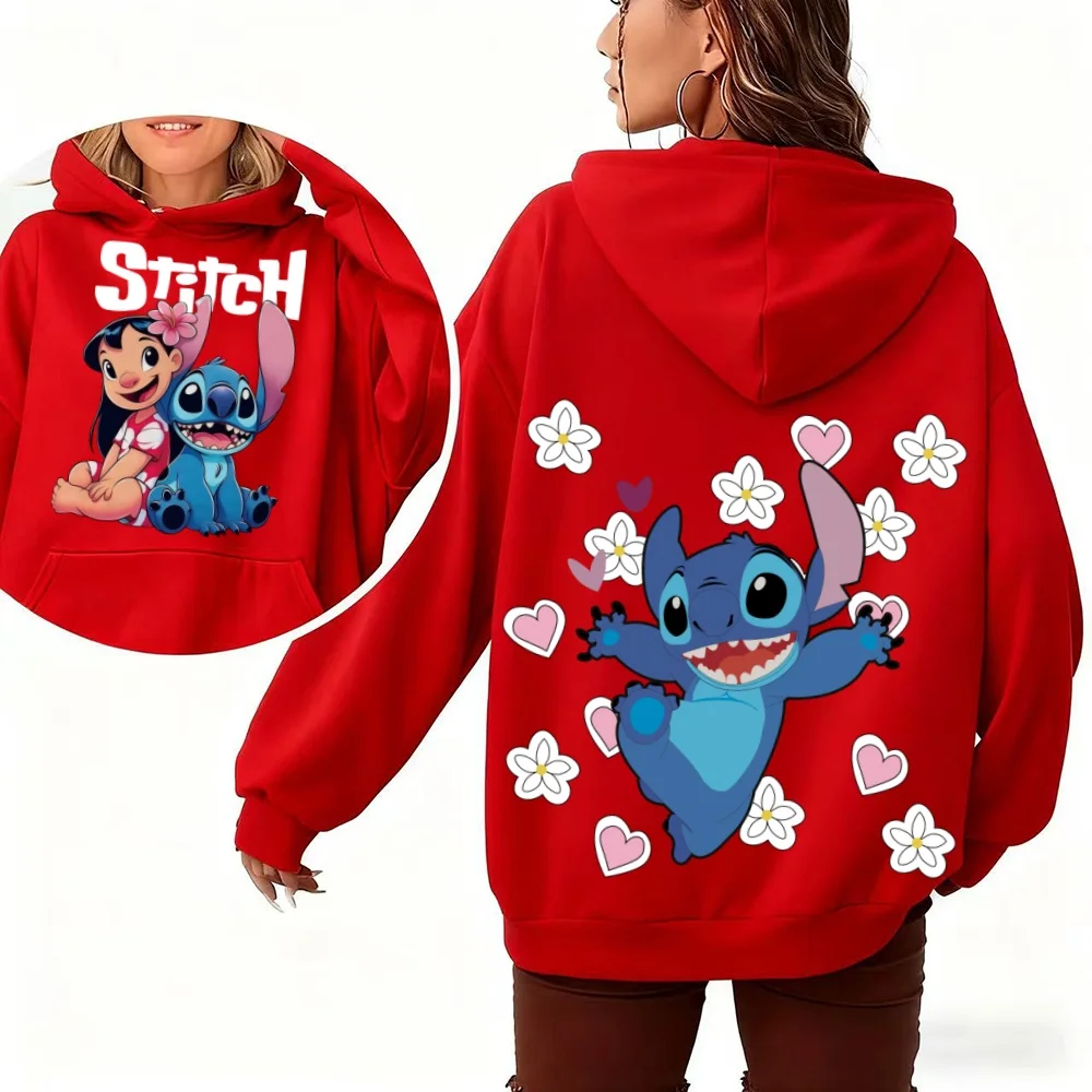 سويت شيرت نسائي بقلنسوة من Disney Lilo & Stitch لخريف/شتاء دافئ كبير الحجم مطبوع عليه زهور كرتونية لطيفة على شكل قلب ملابس خروج عصرية #3