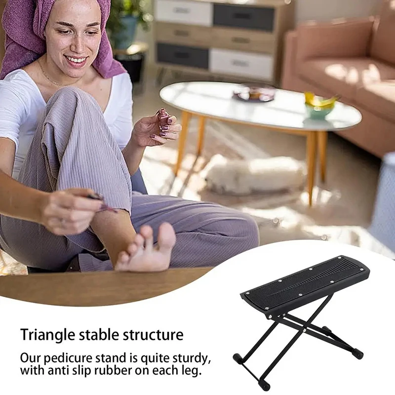 Taburete de pedicura para tecnología de uñas, soporte de pie de pedicura ajustable plegable, taburete de pie antideslizante con 6 alturas, herramienta de pedicura negra