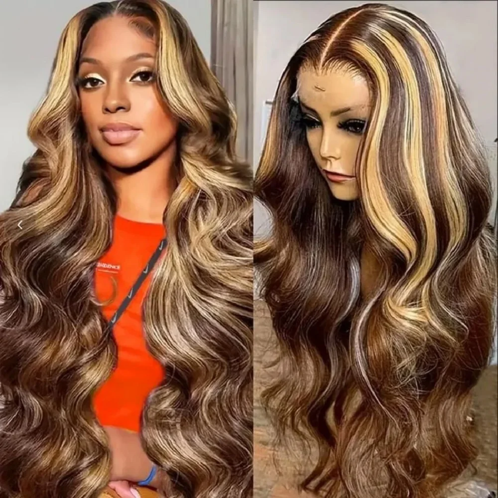 P4/27 Highlight 13x4 HD Body Wave Lace Front Wig Human Hair 200 Density 13x6 Transparent Lace Frontal Wigs 50 52 Long Inch