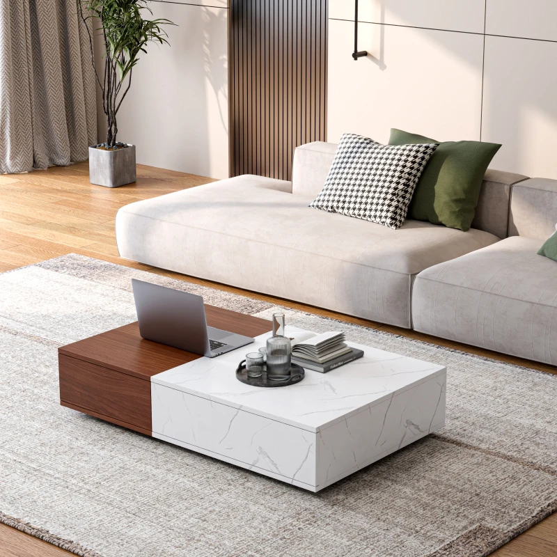 

Modern Style Walnut Coffee Table With Two Storage Spaces Marble Finish One Packaging Two Color Patchwork Design Not Too Big