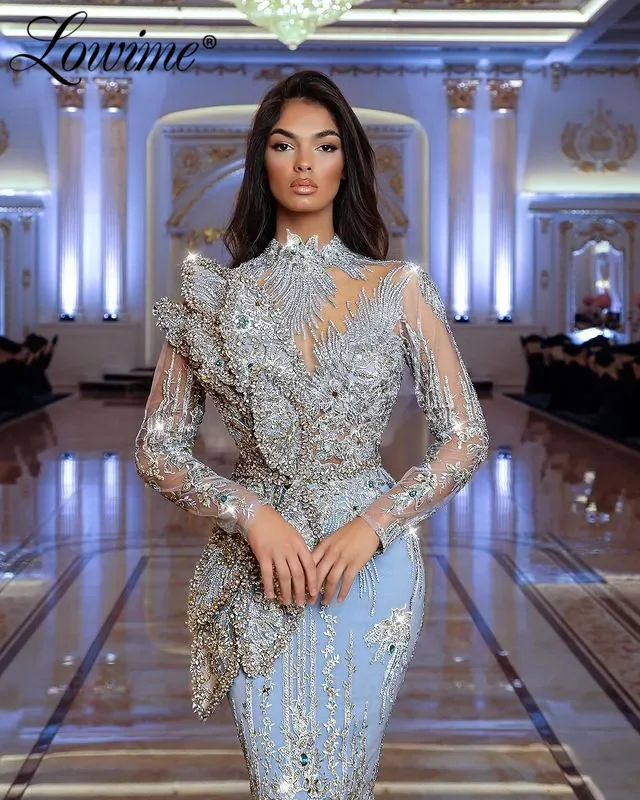 2023 Couture Celebrity Dresses Blue Long Sleeves Arabic Dubai Evening Gowns Crystals Full Beading Sequins Wedding Party Dress